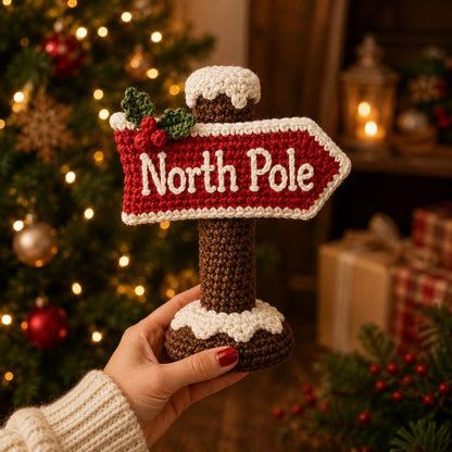 Crochet North Pole Sign, Christmas Signpost Decor, Handmade Xmas Table Decor, Holiday Centerpiece, Christmas Shelf Decor, Winter Gift
