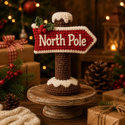Crochet North Pole Sign, Christmas Signpost Decor, Handmade Xmas Table Decor, Holiday Centerpiece, Christmas Shelf Decor, Winter Gift