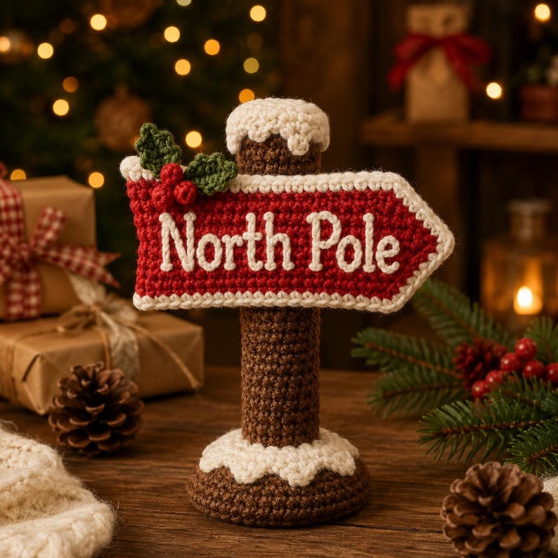 Crochet North Pole Sign, Christmas Signpost Decor, Handmade Xmas Table Decor, Holiday Centerpiece, Christmas Shelf Decor, Winter Gift
