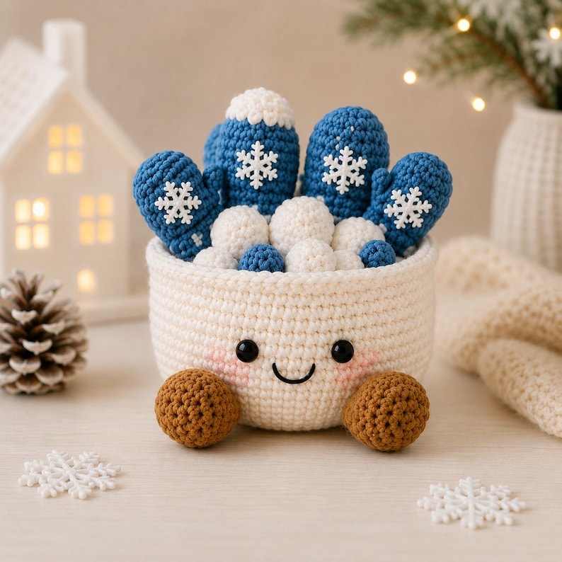 Crochet Christmas Basket, Winter Crochet Decor, Handmade Holiday Storage Basket, Snowman Gift Basket, Xmas Desk Decor, Cozy Winter Gift