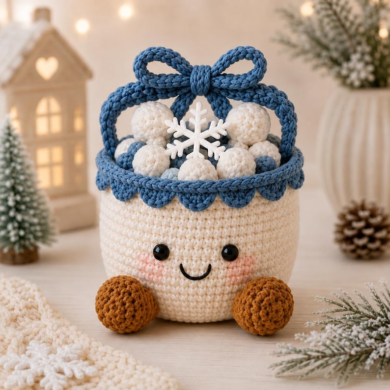 Crochet Christmas Basket, Winter Crochet Decor, Handmade Holiday Storage Basket, Snowman Gift Basket, Xmas Desk Decor, Cozy Winter Gift