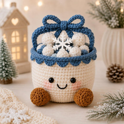 Crochet Christmas Basket, Winter Crochet Decor, Handmade Holiday Storage Basket, Snowman Gift Basket, Xmas Desk Decor, Cozy Winter Gift