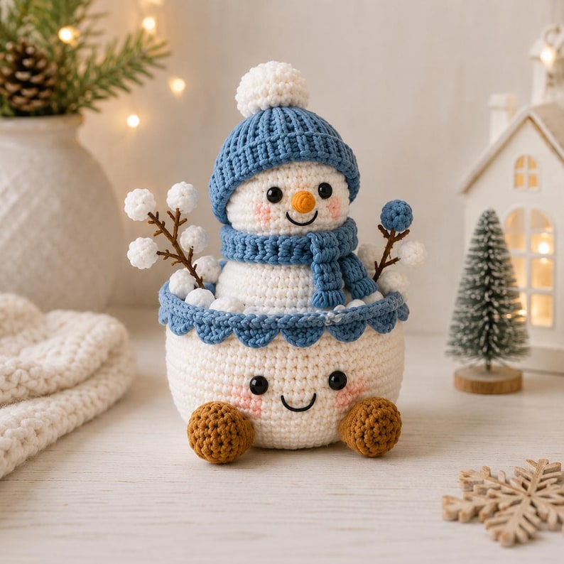Crochet Christmas Basket, Winter Crochet Decor, Handmade Holiday Storage Basket, Snowman Gift Basket, Xmas Desk Decor, Cozy Winter Gift