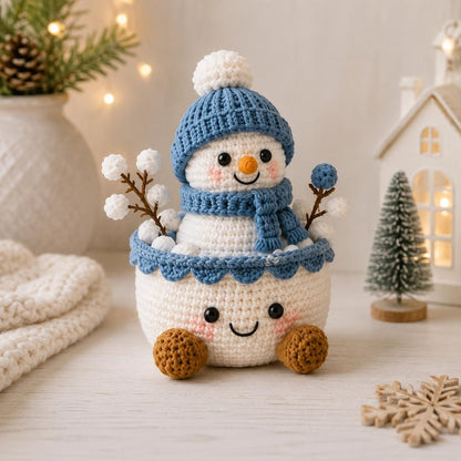 Crochet Christmas Basket, Winter Crochet Decor, Handmade Holiday Storage Basket, Snowman Gift Basket, Xmas Desk Decor, Cozy Winter Gift