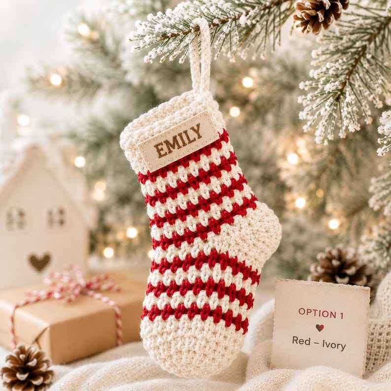 Personalized Crochet Stocking Ornament, Embroidered Name Christmas Ornament, Mini Stocking, Family Christmas Keepsake, Personalized Gift