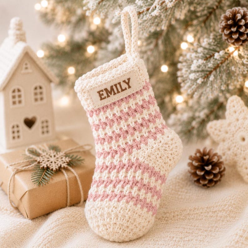 Personalized Crochet Stocking Ornament, Embroidered Name Christmas Ornament, Mini Stocking, Family Christmas Keepsake, Personalized Gift