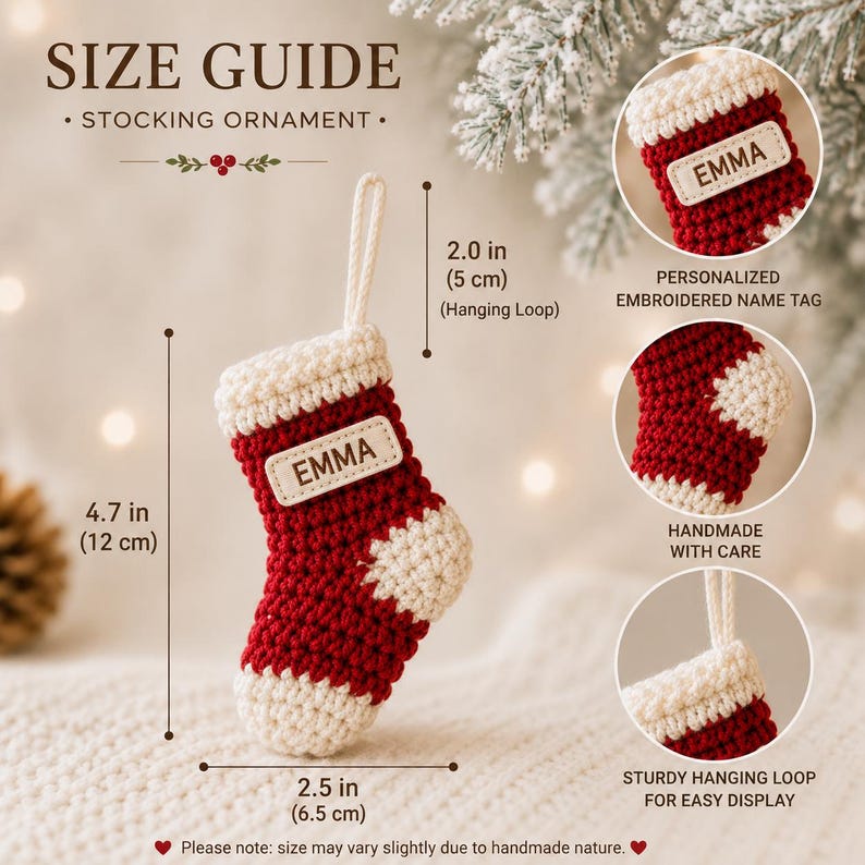 Personalized Crochet Stocking Ornament, Embroidered Name Christmas Ornament, Mini Stocking, Family Christmas Gift, Handmade Xmas Decor