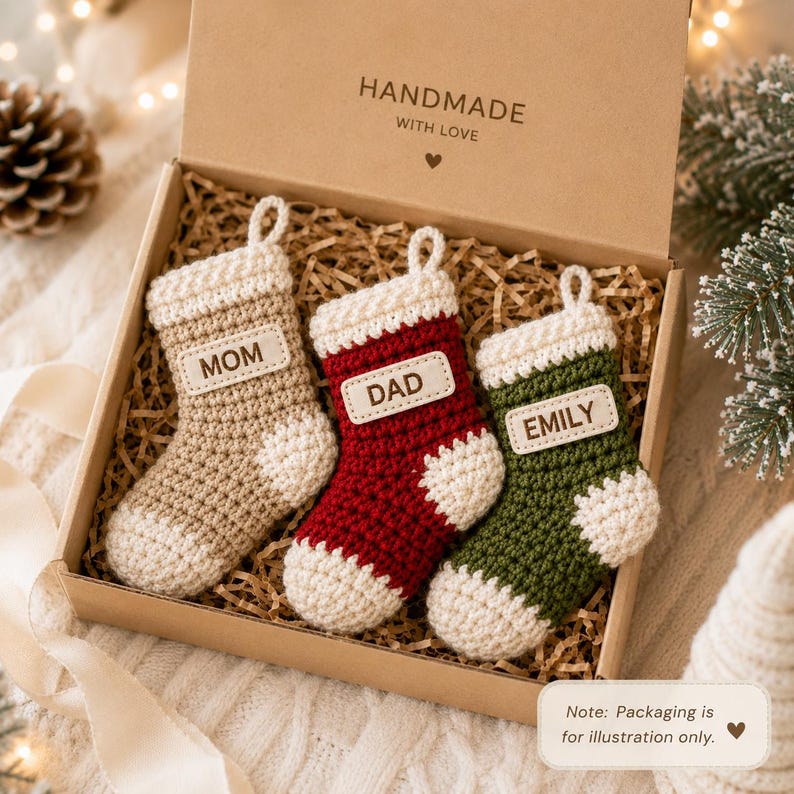 Personalized Crochet Stocking Ornament, Embroidered Name Christmas Ornament, Mini Stocking, Family Christmas Gift, Handmade Xmas Decor