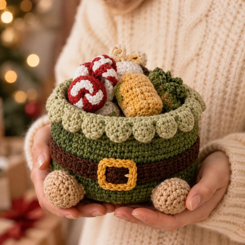 Crochet Christmas Basket, Holiday Gift Basket, Reindeer Santa Gingerbread Decor, Handmade Xmas Storage, Winter Crochet Gift