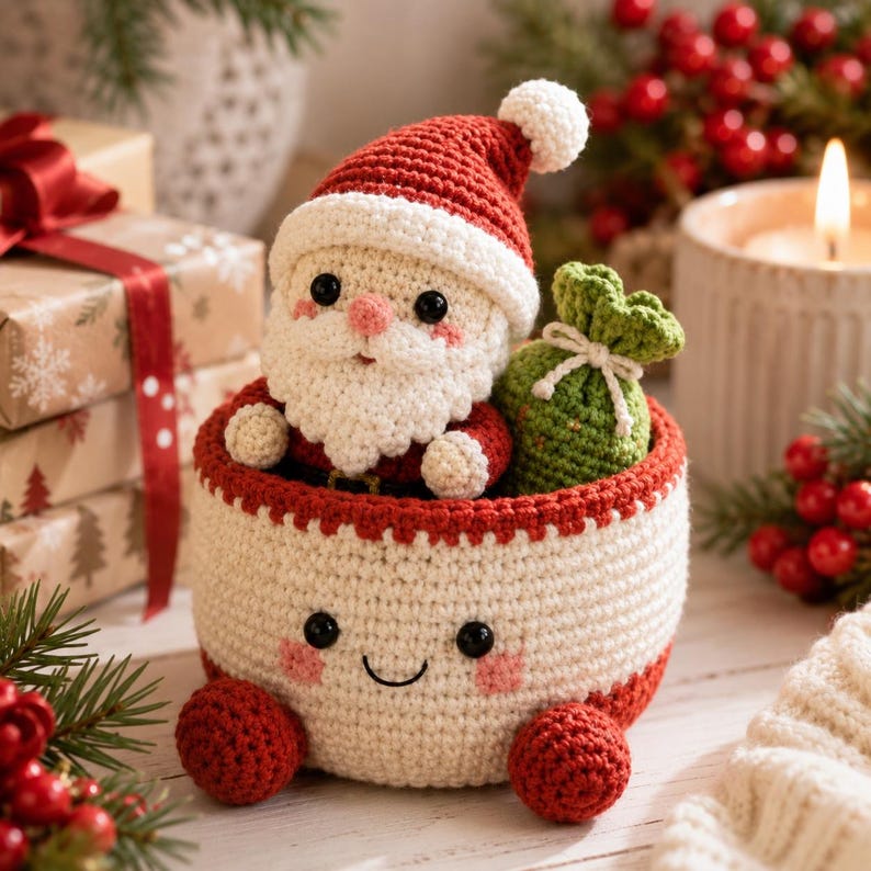Crochet Christmas Basket, Holiday Gift Basket, Reindeer Santa Gingerbread Decor, Handmade Xmas Storage, Winter Crochet Gift