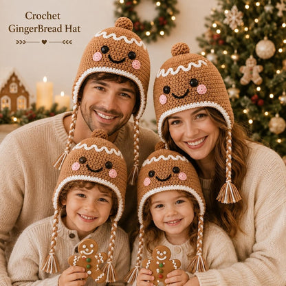 Crochet Gingerbread Hat, Christmas Hat for Kids & Adults, Cute Winter Earflap Hat, Matching Family Christmas Hat, Holiday Gift