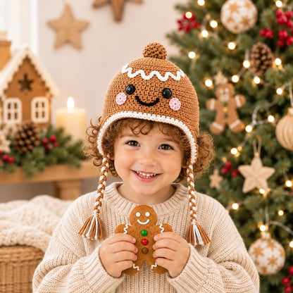 Crochet Gingerbread Hat, Christmas Hat for Kids & Adults, Cute Winter Earflap Hat, Matching Family Christmas Hat, Holiday Gift