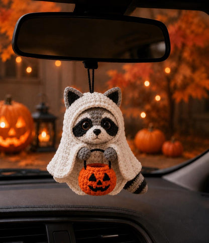 Halloween Crochet Raccoon Car Charm, Cute Ghost Raccoon with Pumpkin Basket, Rearview Mirror Ornament, Fall Car Decor Gift