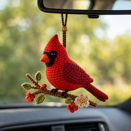 Crochet Cardinal Car Charm, Red Bird Rearview Mirror Accessory, Handmade Amigurumi Cardinal Keychain, Memorial Bird Lover Gift, Bag Charm