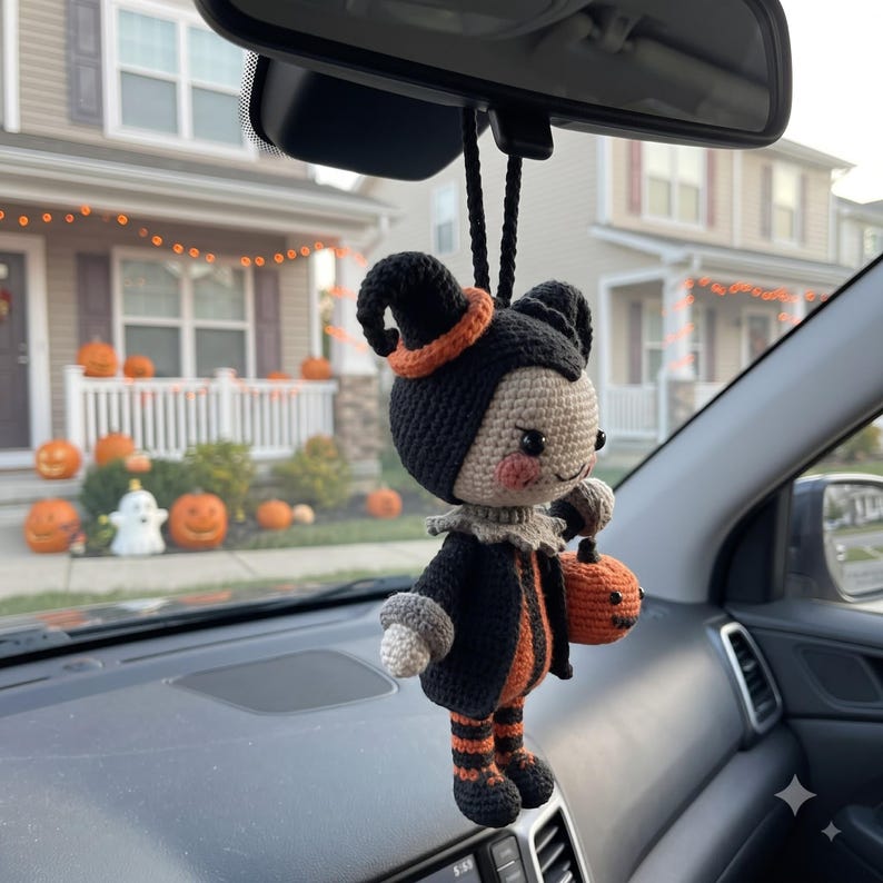 Halloween Crochet Car Charm | Devil Amigurumi Rear View Mirror Accessory | Kawaii Pumpkin Jack-O-Lantern Doll