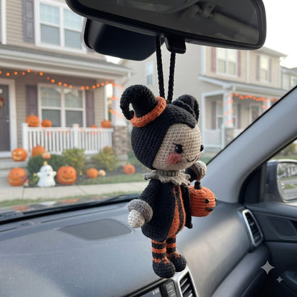Halloween Crochet Car Charm | Devil Amigurumi Rear View Mirror Accessory | Kawaii Pumpkin Jack-O-Lantern Doll