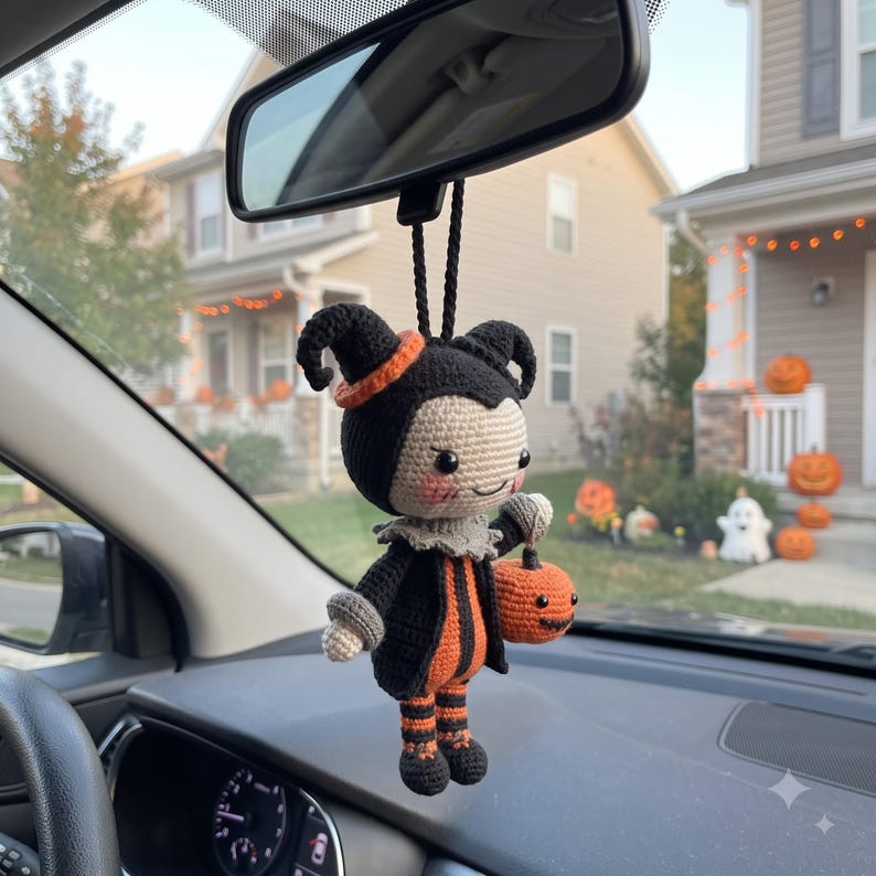 Halloween Crochet Car Charm | Devil Amigurumi Rear View Mirror Accessory | Kawaii Pumpkin Jack-O-Lantern Doll