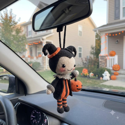 Halloween Crochet Car Charm | Devil Amigurumi Rear View Mirror Accessory | Kawaii Pumpkin Jack-O-Lantern Doll