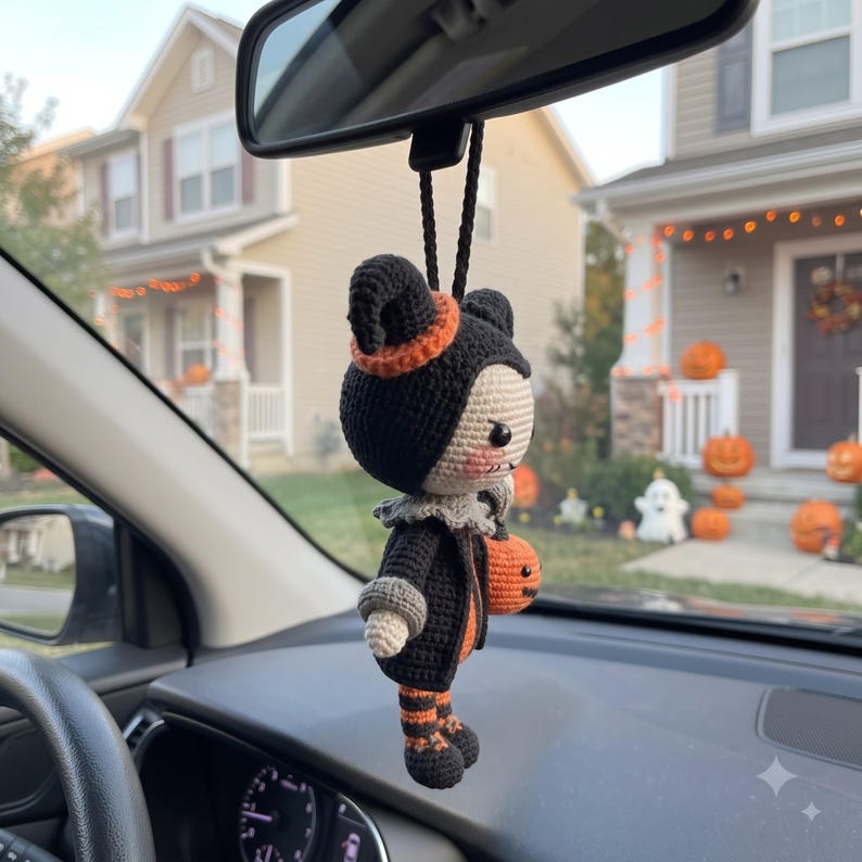 Halloween Crochet Car Charm | Devil Amigurumi Rear View Mirror Accessory | Kawaii Pumpkin Jack-O-Lantern Doll