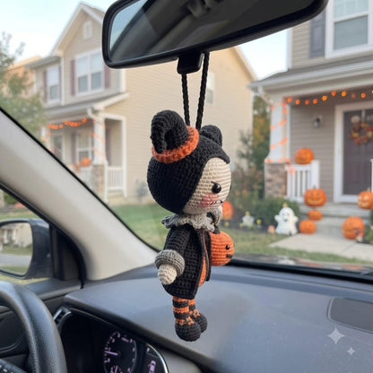 Halloween Crochet Car Charm | Devil Amigurumi Rear View Mirror Accessory | Kawaii Pumpkin Jack-O-Lantern Doll