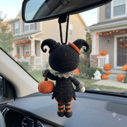 Halloween Crochet Car Charm | Devil Amigurumi Rear View Mirror Accessory | Kawaii Pumpkin Jack-O-Lantern Doll