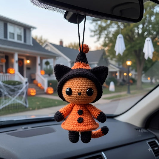 Halloween Crochet Cat Car Charm | Witch Hat Amigurumi Hanging Ornament | Kawaii Black Orange Rear View Mirror Decor