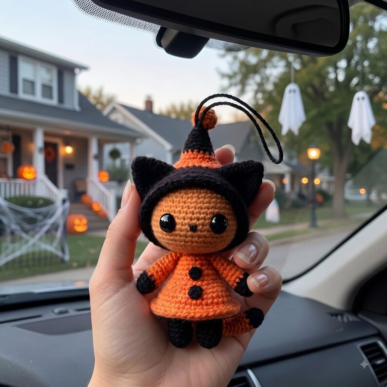 Halloween Crochet Cat Car Charm | Witch Hat Amigurumi Hanging Ornament | Kawaii Black Orange Rear View Mirror Decor