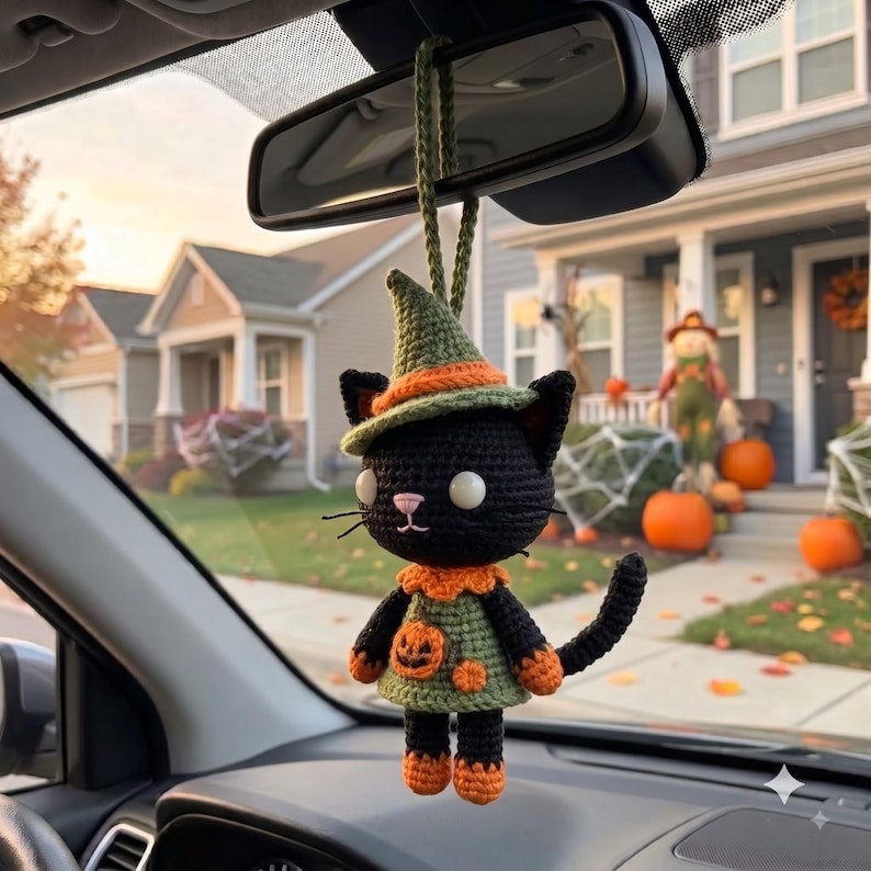 Crochet Halloween Car Charm | Black Cat Witch Amigurumi Rear View Mirror Hanging