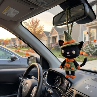 Crochet Halloween Car Charm | Black Cat Witch Amigurumi Rear View Mirror Hanging