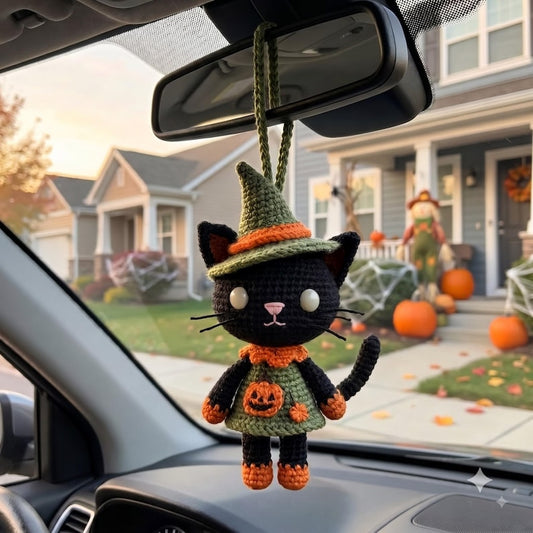 Crochet Halloween Car Charm | Black Cat Witch Amigurumi Rear View Mirror Hanging