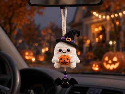 Halloween Crochet Car Mirror Charm, Ghost, Skeleton, Black Cat & Grim Reaper Keychain, Halloween Pumpking, Halloween Gift Idea Ornament