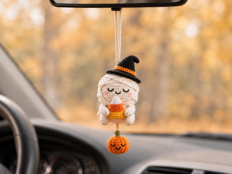 Halloween Crochet Car Mirror Charm, Ghost, Skeleton, Black Cat & Grim Reaper Keychain, Halloween Pumpking, Halloween Gift Idea Ornament