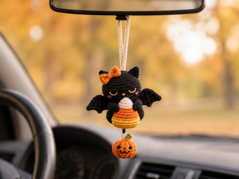 Halloween Crochet Car Mirror Charm, Ghost, Skeleton, Black Cat & Grim Reaper Keychain, Halloween Pumpking, Halloween Gift Idea Ornament