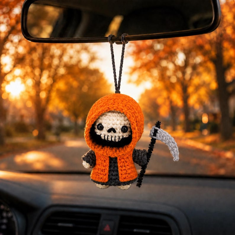 Halloween Crochet Car Mirror Charm, Ghost, Skeleton, Black Cat & Grim Reaper Keychain, Halloween Pumpking, Halloween Gift Idea Ornament