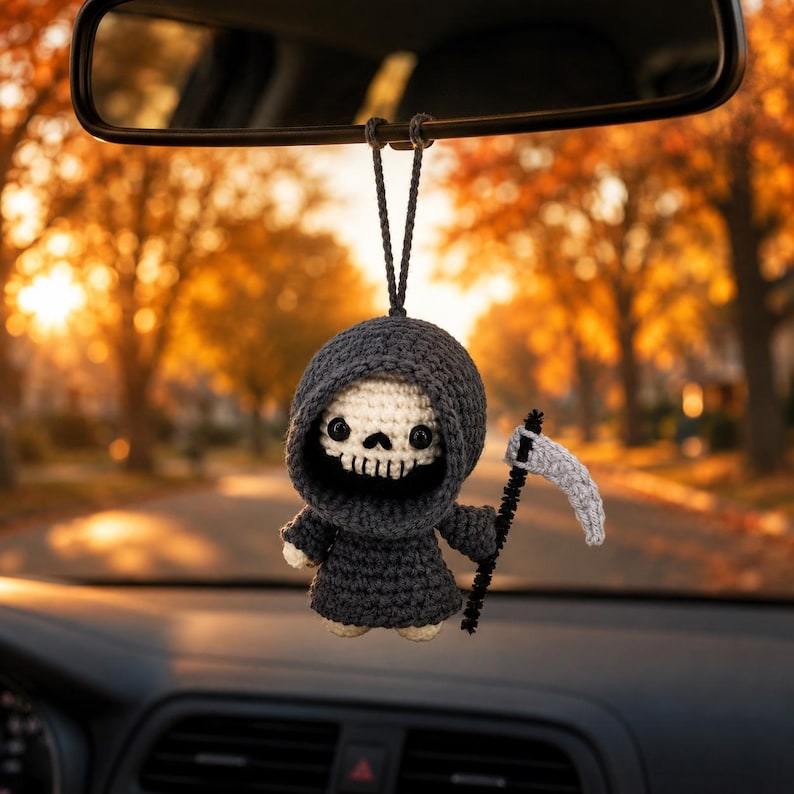 Halloween Crochet Car Mirror Charm, Ghost, Skeleton, Black Cat & Grim Reaper Keychain, Halloween Pumpking, Halloween Gift Idea Ornament