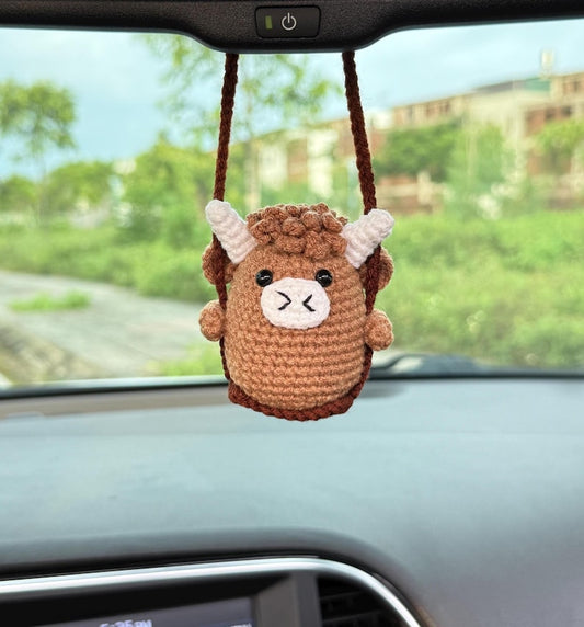 Cute Swinging Highland Cow Car Mirror Hanging Accessories, Crochet Highland Cow Ornaments, New Car Gift, Gift For Her, Car Decorations