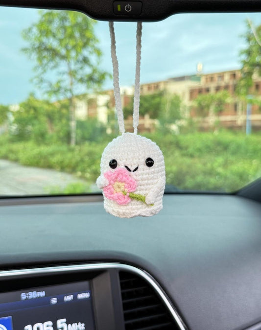 Crochet Ghost Car Charm, Cute Flower Ghost Rearview Mirror Hanging, Handmade Halloween Car Decor, Ghost Lover Gift, Fall Car Accessory