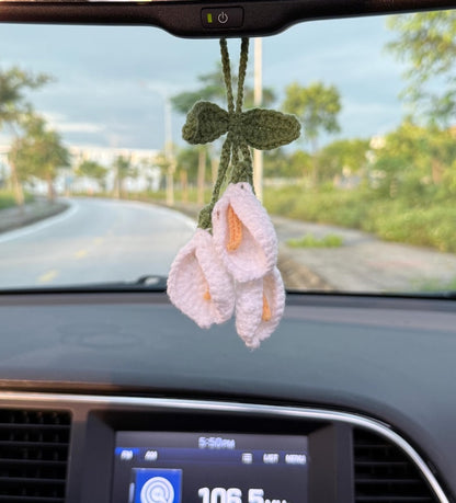 Crochet Calla Lily Car Charm, Flower Rearview Mirror Hanging, Handmade Car Decor, Crochet Flower Car Accessory, Flower Gift