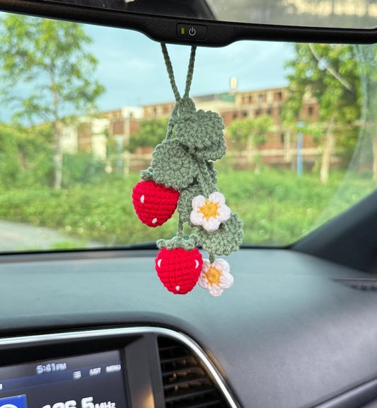 Crochet Strawberry Car Charm, Rearview Mirror Hanging Ornament, Cute Car Accessory, Handmade Strawberry Decor, Car Mirror Gift