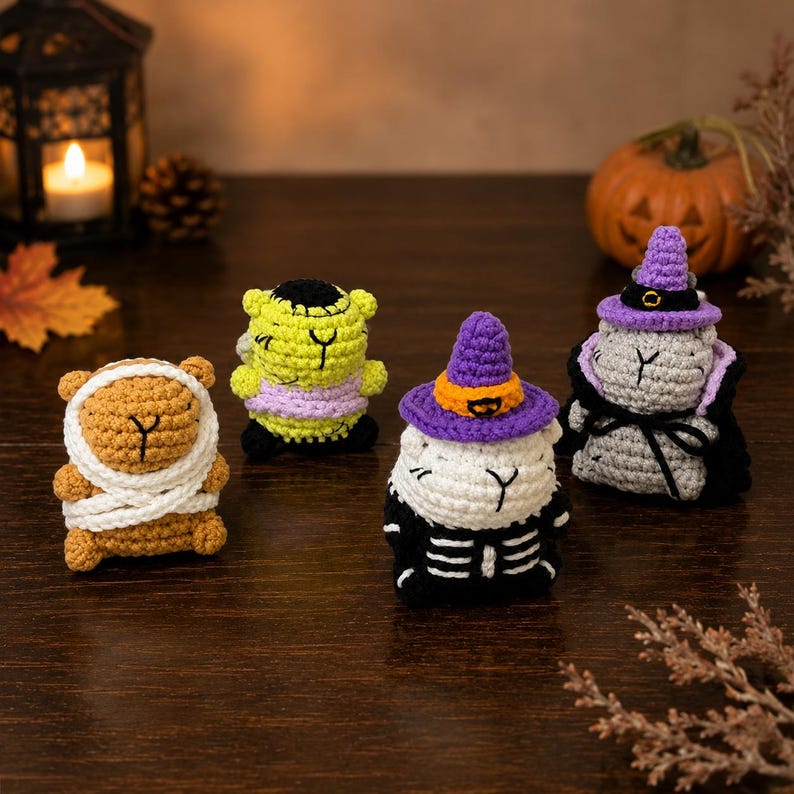 Halloween Capybara Crochet Plush, Cute Spooky Crochet Animal Keychain, Witch Vampire Mummy, Halloween Desk Decor, Spooky Gift