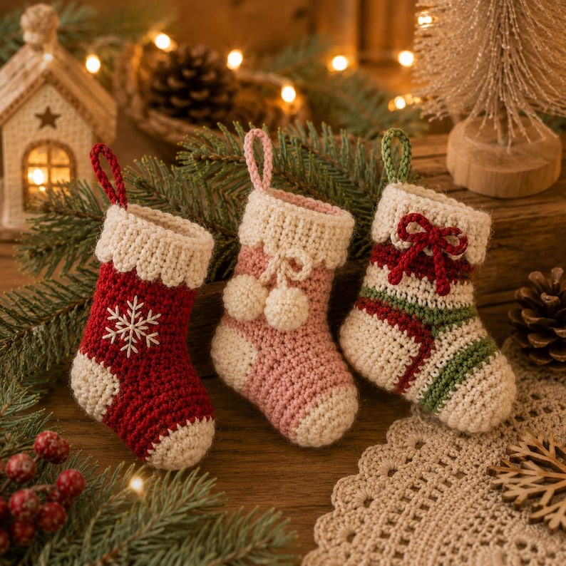Crochet Christmas Stocking, Handmade Mini Stocking Ornament, Christmas Tree Hanging Decor, Holiday Stocking Gift, Crochet Xmas Decoration
