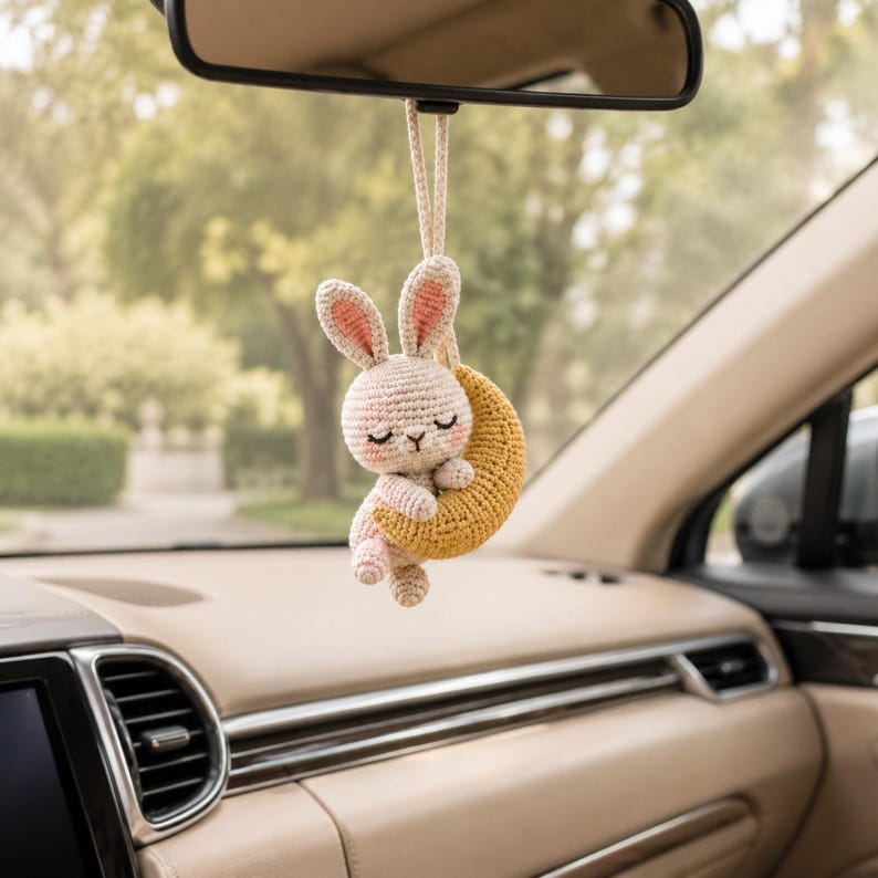 Crochet Bunny Car Mirror Charm or Keychain, Crescent Moon Rabbit & Hugging Monkeys, Handmade Amigurumi, Cute Gift for Her