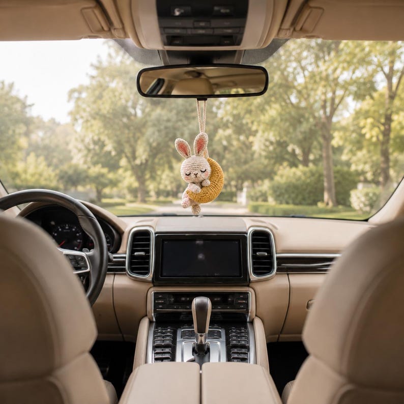 Crochet Bunny Car Mirror Charm or Keychain, Crescent Moon Rabbit & Hugging Monkeys, Handmade Amigurumi, Cute Gift for Her