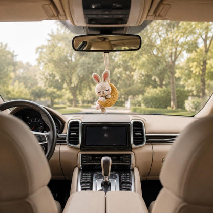 Crochet Bunny Car Mirror Charm or Keychain, Crescent Moon Rabbit & Hugging Monkeys, Handmade Amigurumi, Cute Gift for Her