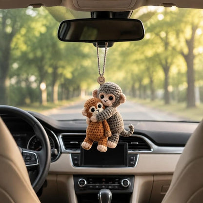 Crochet Bunny Car Mirror Charm or Keychain, Crescent Moon Rabbit & Hugging Monkeys, Handmade Amigurumi, Cute Gift for Her
