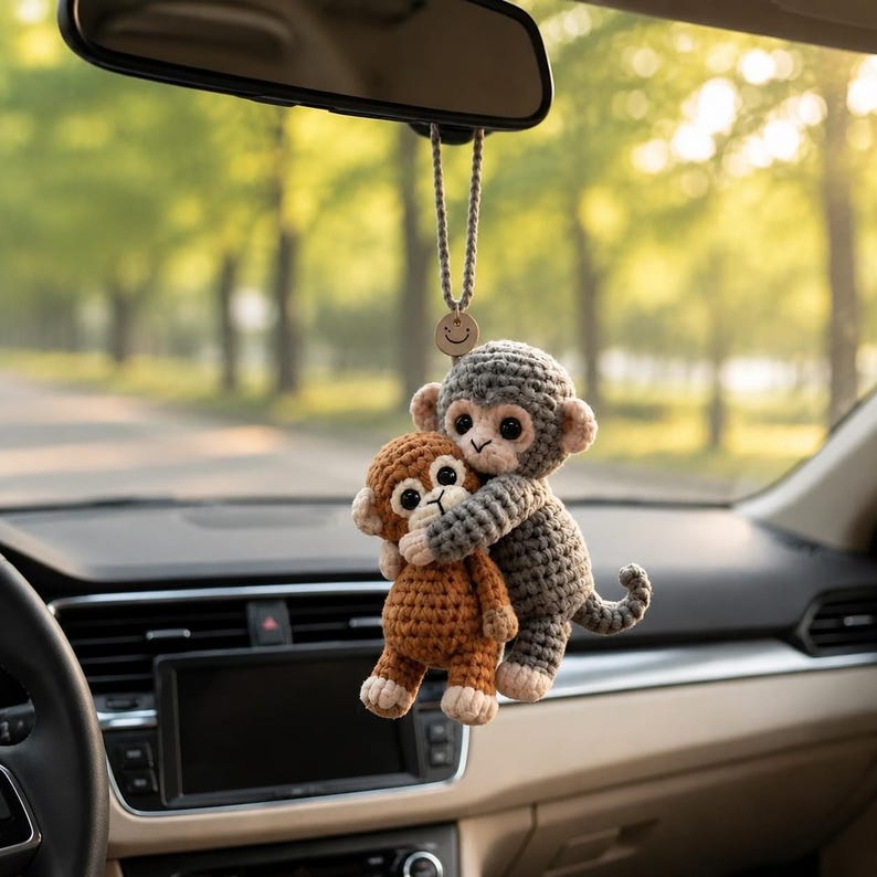 Crochet Bunny Car Mirror Charm or Keychain, Crescent Moon Rabbit & Hugging Monkeys, Handmade Amigurumi, Cute Gift for Her