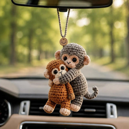 Crochet Bunny Car Mirror Charm or Keychain, Crescent Moon Rabbit & Hugging Monkeys, Handmade Amigurumi, Cute Gift for Her