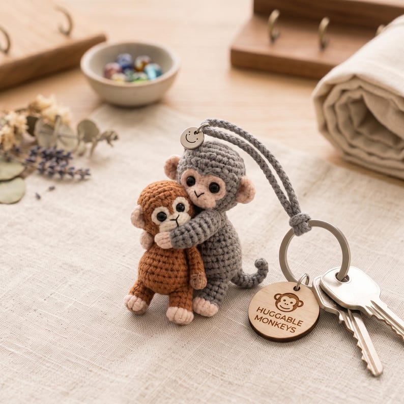 Crochet Bunny Car Mirror Charm or Keychain, Crescent Moon Rabbit & Hugging Monkeys, Handmade Amigurumi, Cute Gift for Her