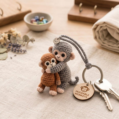 Crochet Bunny Car Mirror Charm or Keychain, Crescent Moon Rabbit & Hugging Monkeys, Handmade Amigurumi, Cute Gift for Her
