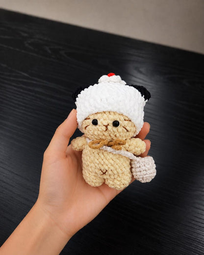 Crochet Cat Plush, Handmade Amigurumi Kitty with Strawberry Hat, Pudding Cat, Cat Keychain, Cute Gift for Her